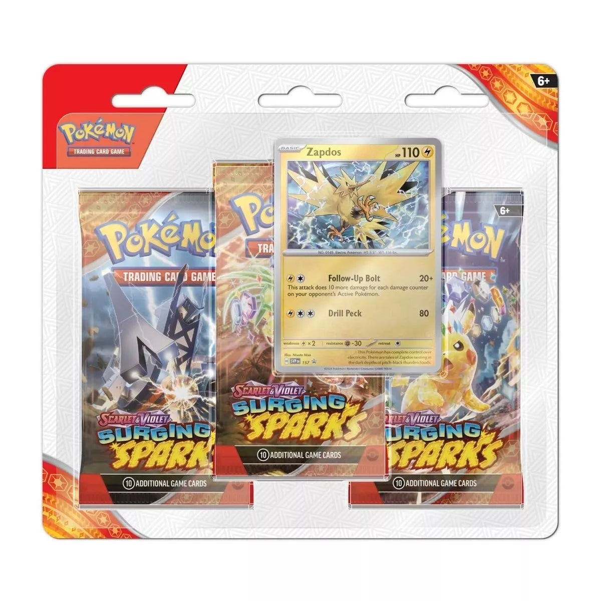 Surging Sparks 3 Blister & Zapdos Promo Card